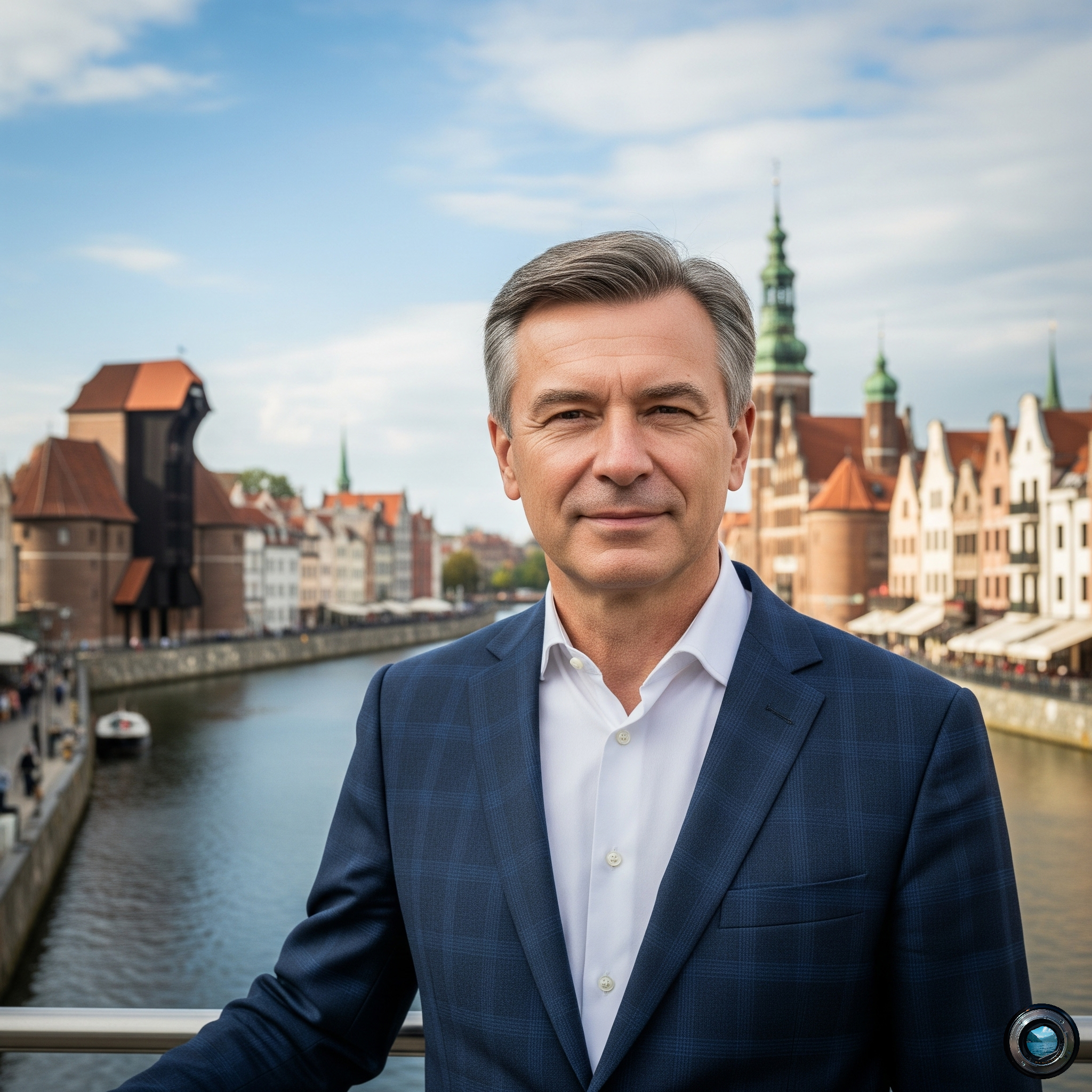 Portret mężczyzny w plenerze, na tle zabytkowych kamienic Gdańska